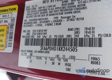 2019 Ford Fusion Se z USA, uszkodzony, nr VIN 3FA6P0HD1KR244505